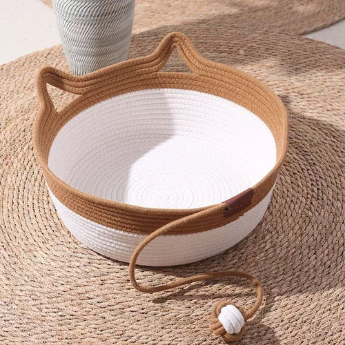 Cat Ear Woven Rope Basket in white and caramel cotton rope