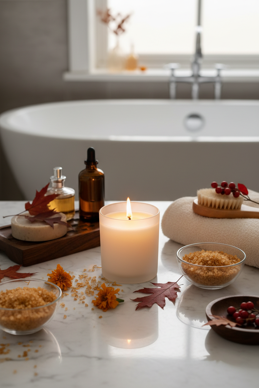 Harvest Hearth Candle in luxury bathroom fall spa setting