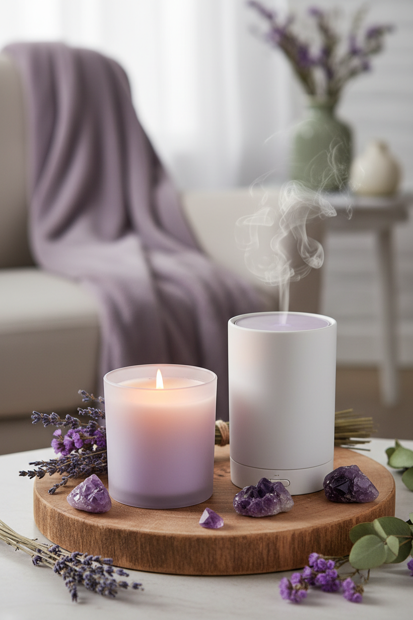 Lavender Serenity Candle on wellness tray with amethyst crystals and lavender bundles