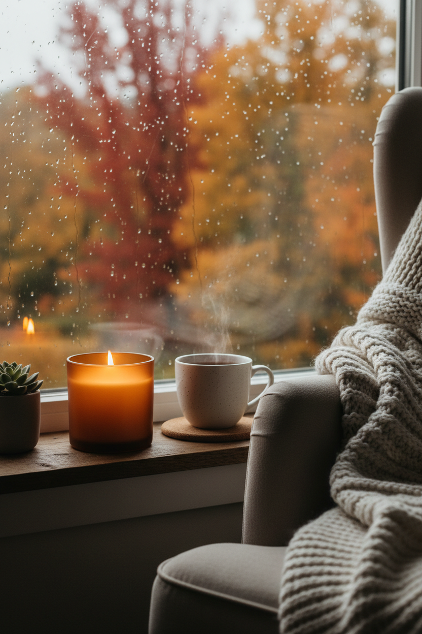 Harvest Hearth Candle on rainy window sill with tea and blanket