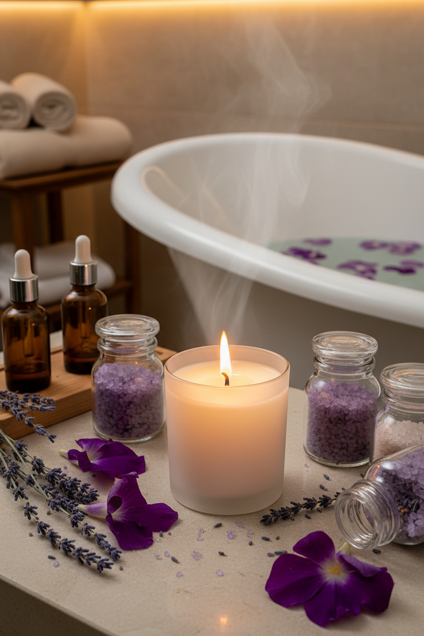 Lavender Serenity Candle in luxury spa bath setting with lavender petals