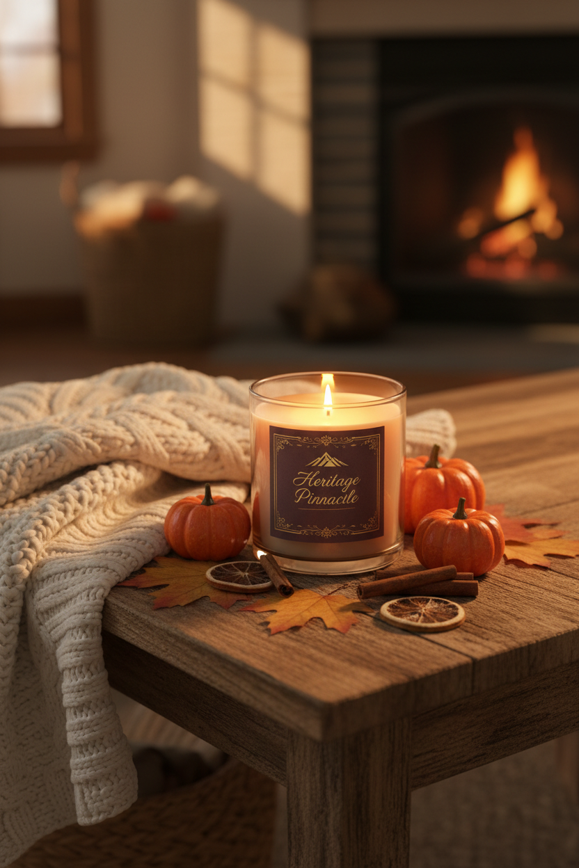 Harvest Hearth Candle on rustic fall table with pumpkins and cinnamon sticks