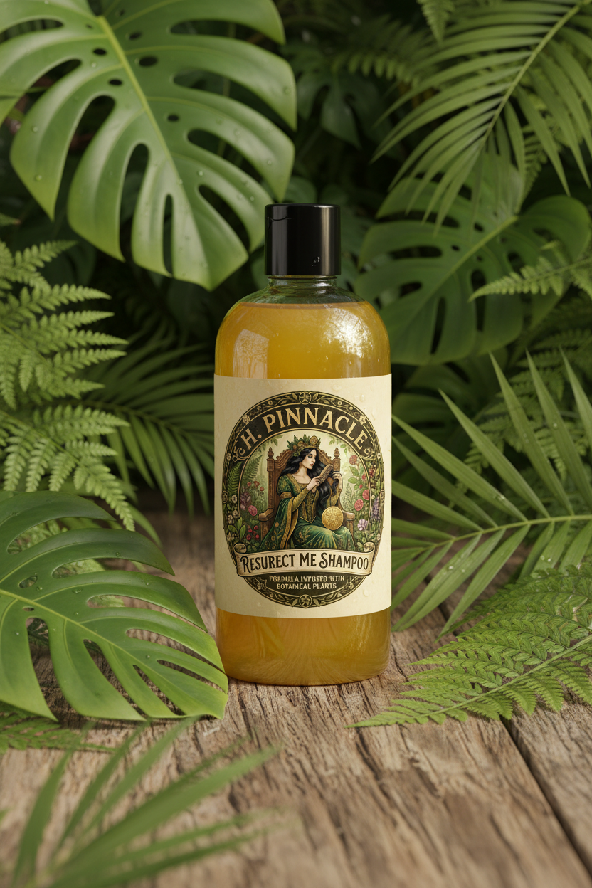 Resurect Me Shampoo with tropical botanical leaves background