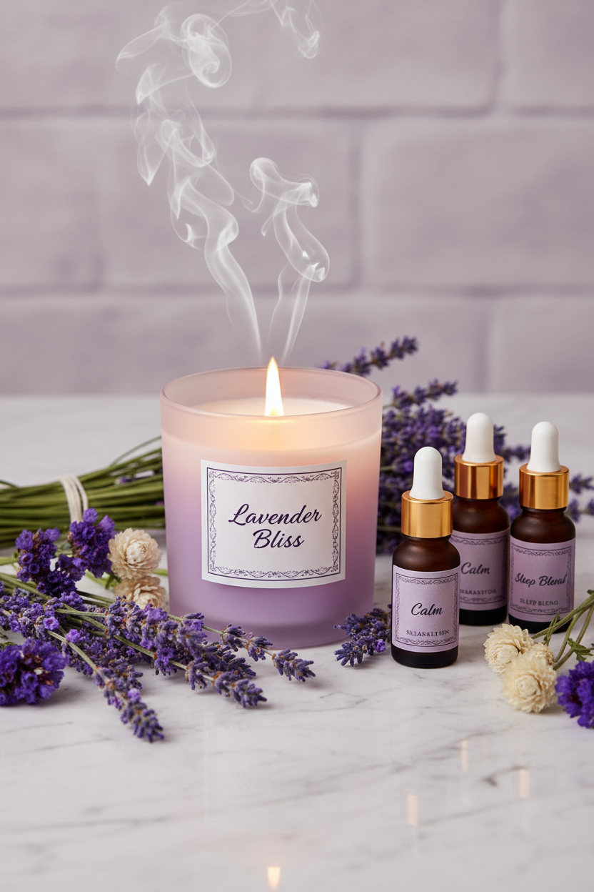 Lavender Serenity Candle on marble surface with lavender sprigs and aromatherapy oils