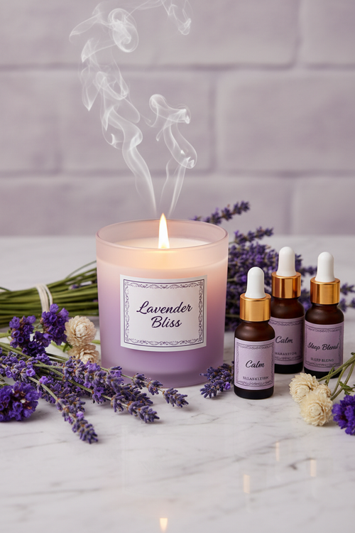 Lavender Serenity Candle on marble surface with lavender sprigs and aromatherapy oils