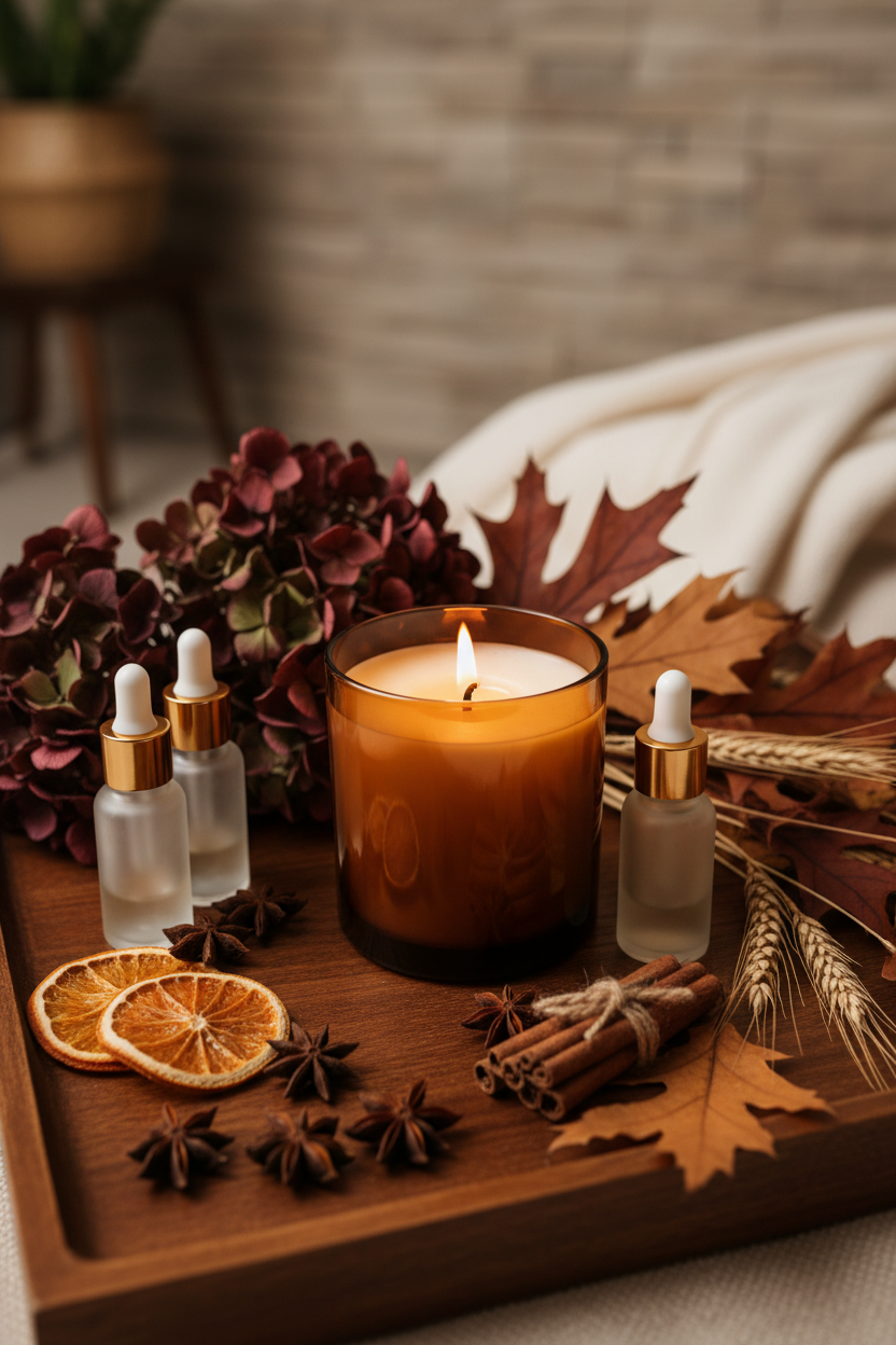 Harvest Hearth Candle in aromatherapy setting with fall spices and botanicals