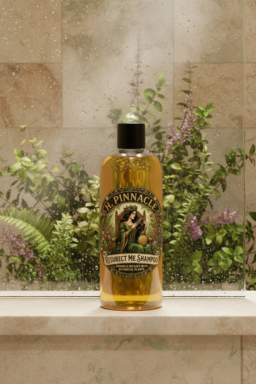 Resurect Me Shampoo displayed in a luxurious shower setting with botanical plants