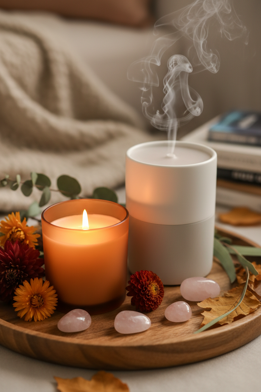 Harvest Hearth Candle on wellness tray with crystals and fall florals