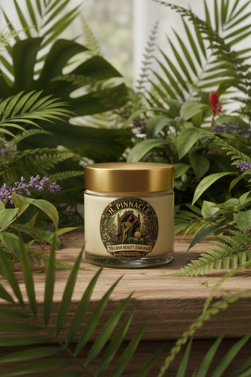 Melanin Beauty Hair Mask with tropical botanical leaves