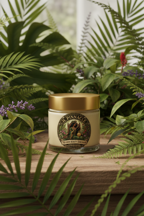 Melanin Beauty Hair Mask with tropical botanical leaves