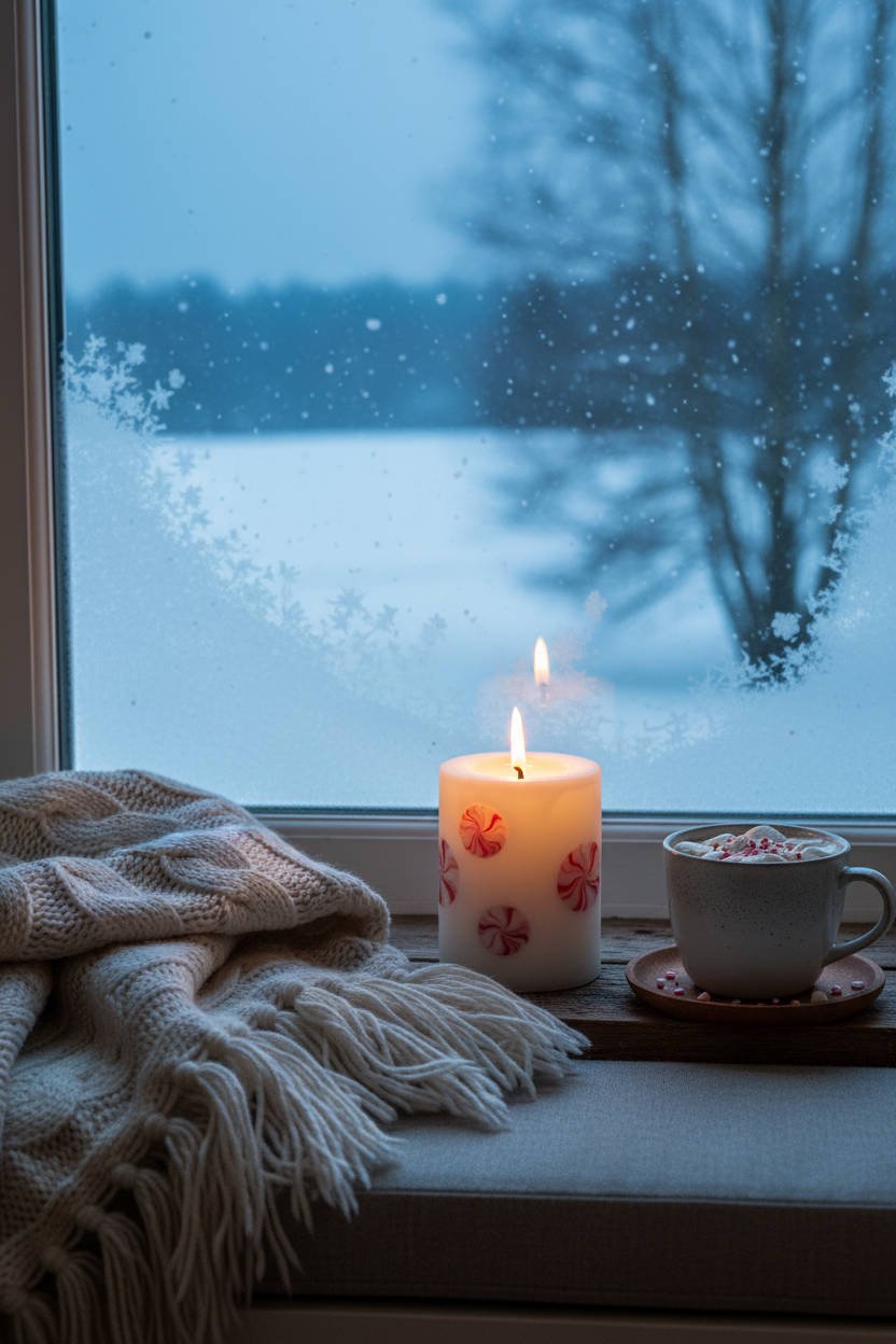 Winter Peppermint Candle on snowy window sill with hot cocoa and blanket