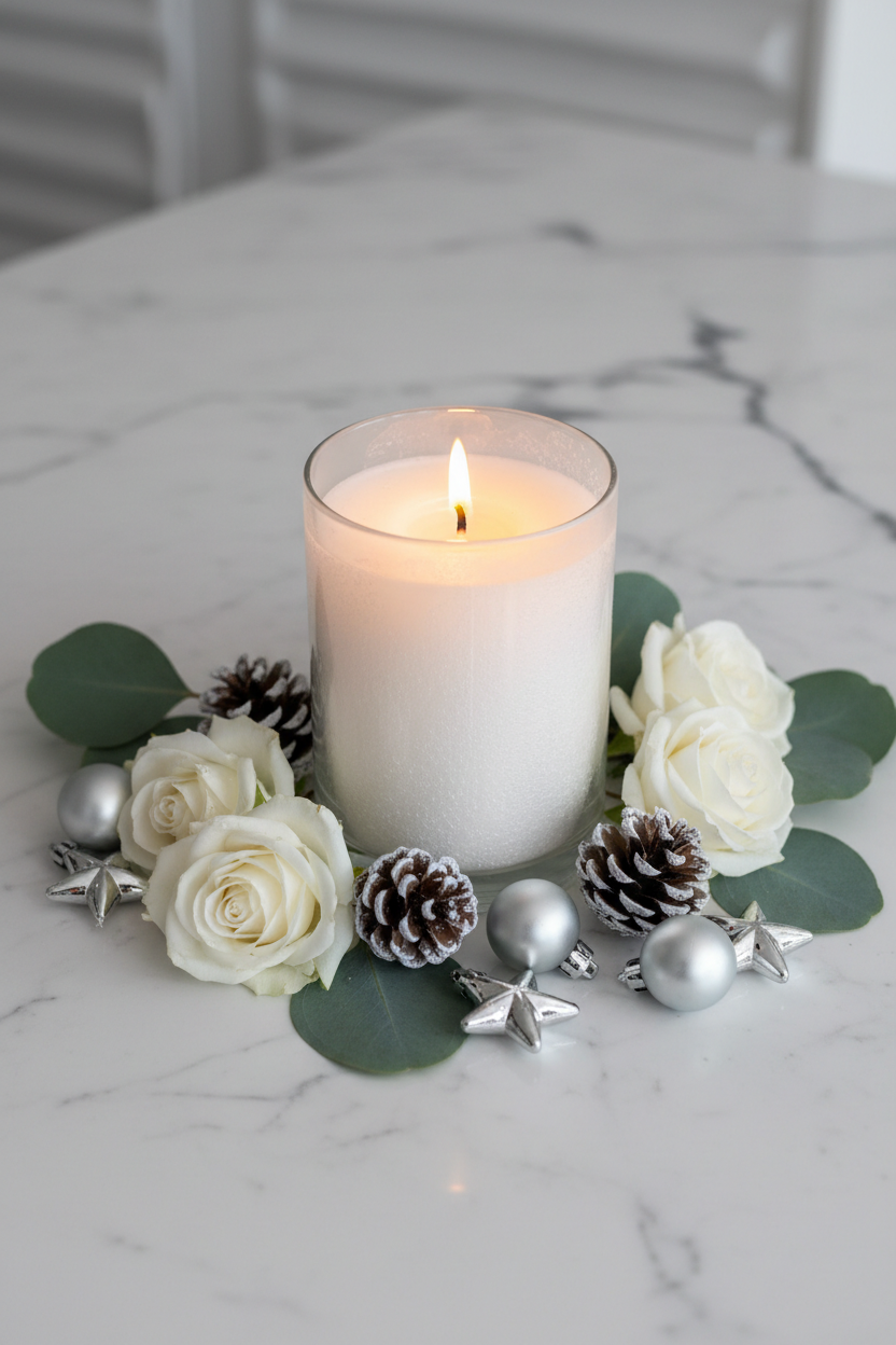 Winter Peppermint Candle on marble surface with frosted pinecones and ornaments
