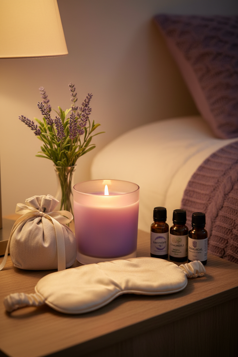 Lavender Serenity Candle on cozy bedroom nightstand with calming aromatherapy setting