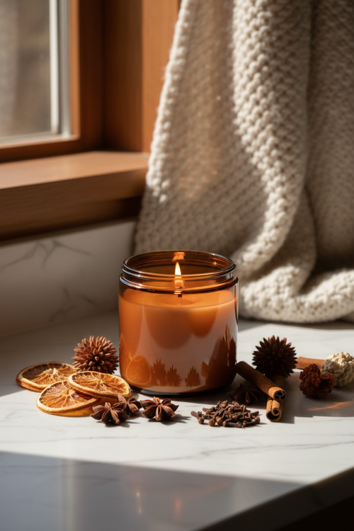 Harvest Hearth Candle on marble surface with dried oranges and spices