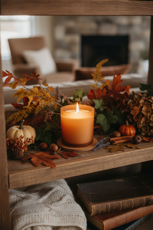 Harvest Hearth Candle on cozy bookshelf with fall foliage